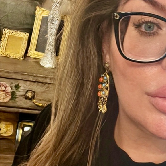 Vintage Gold Coral Turquoise Dangle Earrings - Picture 3 of 3